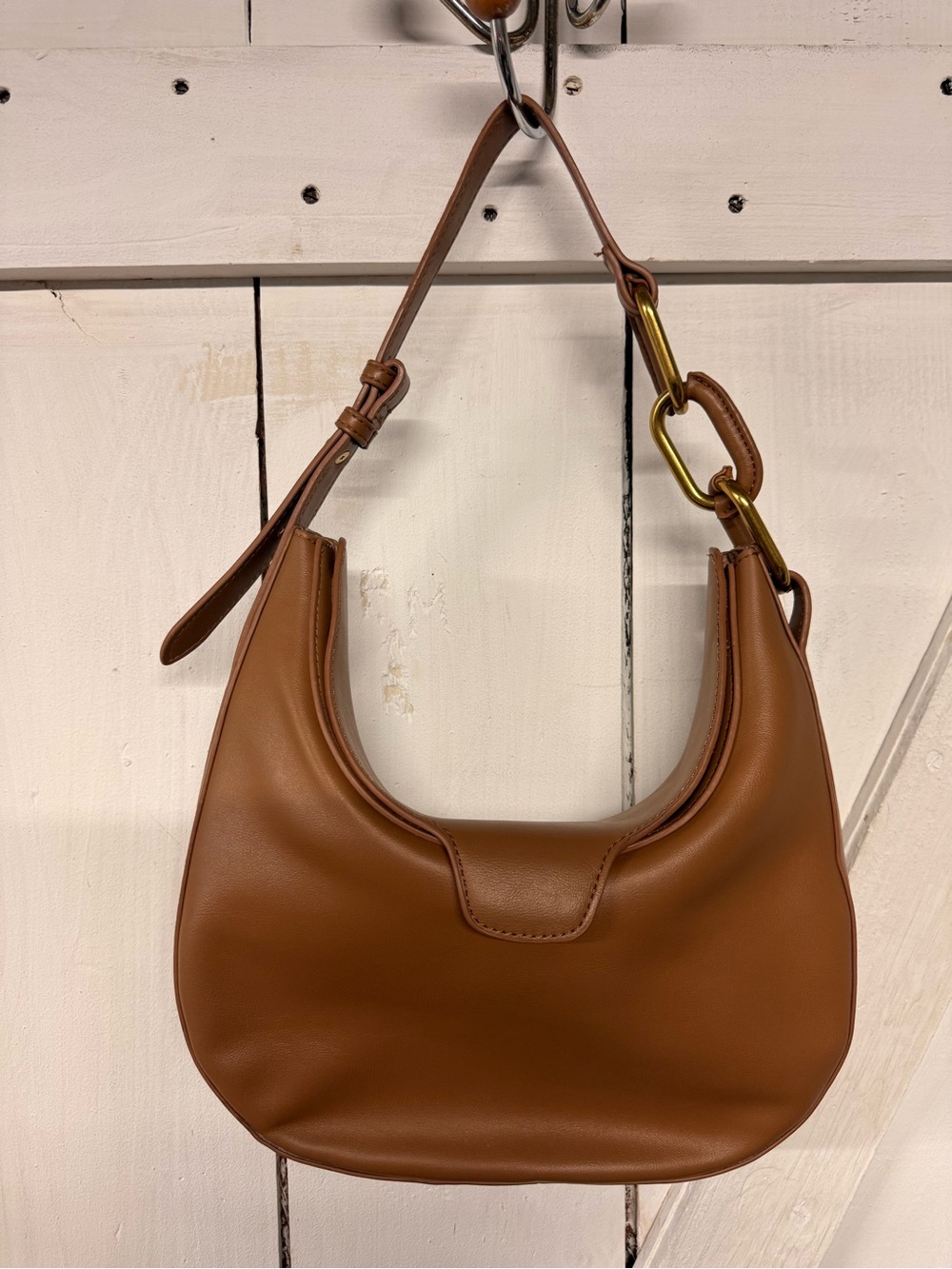 Vintage Madison West Caramel Brown Crescent Shoulder Bag with Gold Hardware